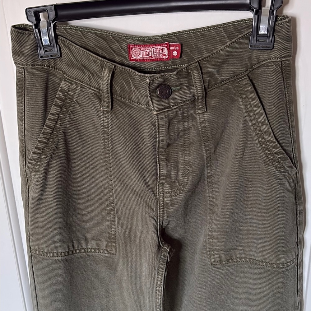 Lucky Brand Wide Leg Liquid Denim Luxe Utility Pant. Olive. Size 00/24 - Picture 12 of 14